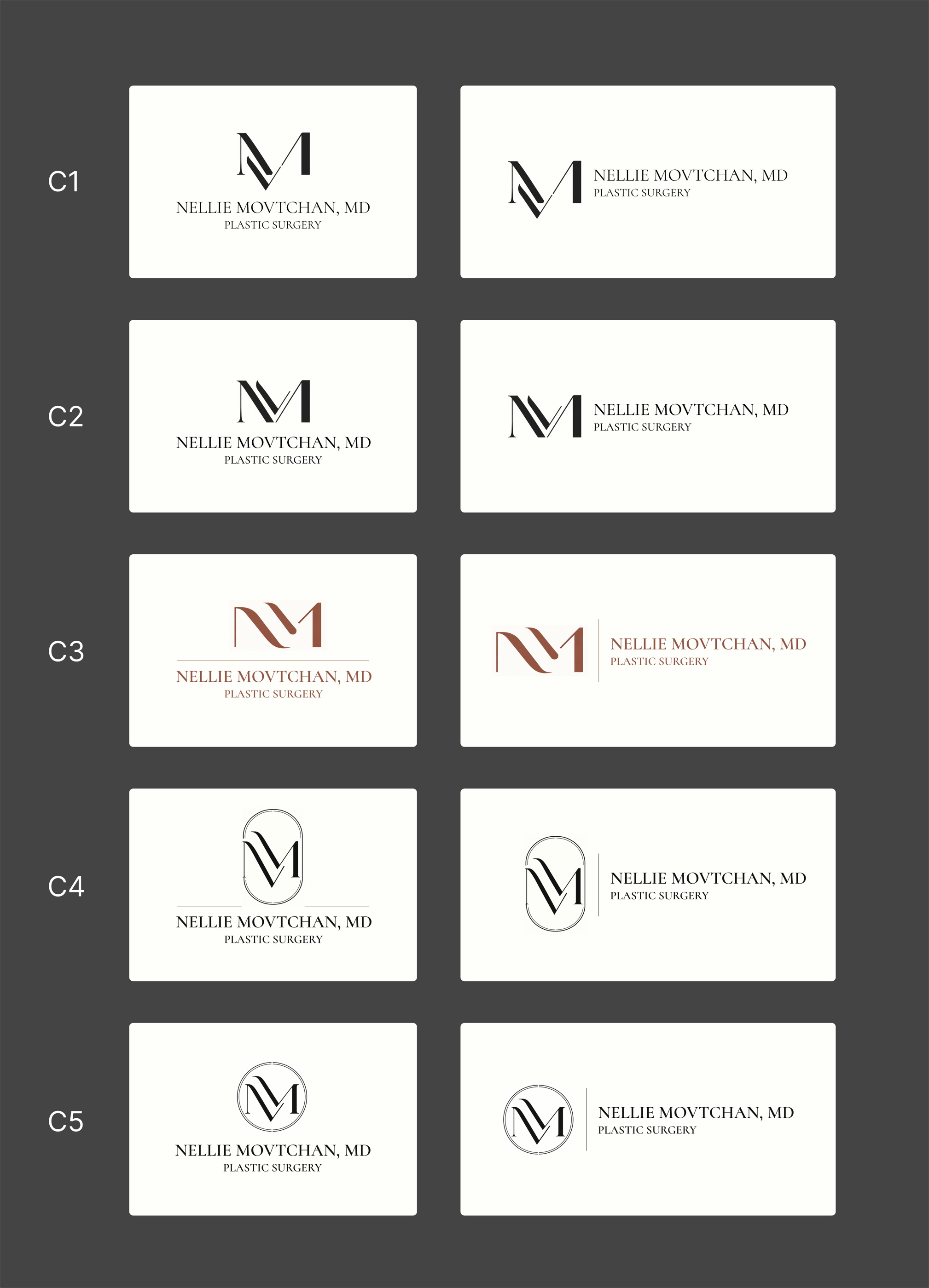 Five logo options for Nellie Movtchan, MD Plastic Surgery, C1 to C5, each shown stacked and side by side